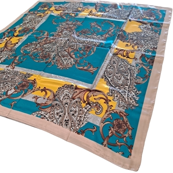 💖 2/$30 Square Satin oversized boho Floral blue paisley Old Money hair Scarf - Picture 12 of 16